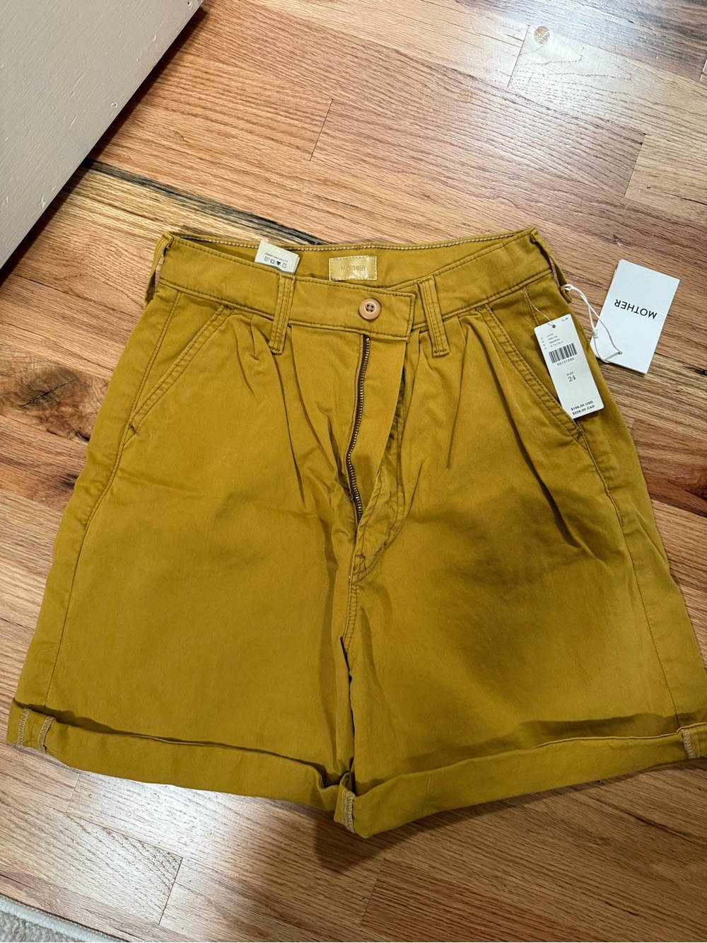 MOTHER High-Rise Mustard Pleated Cotton-Blend Shorts